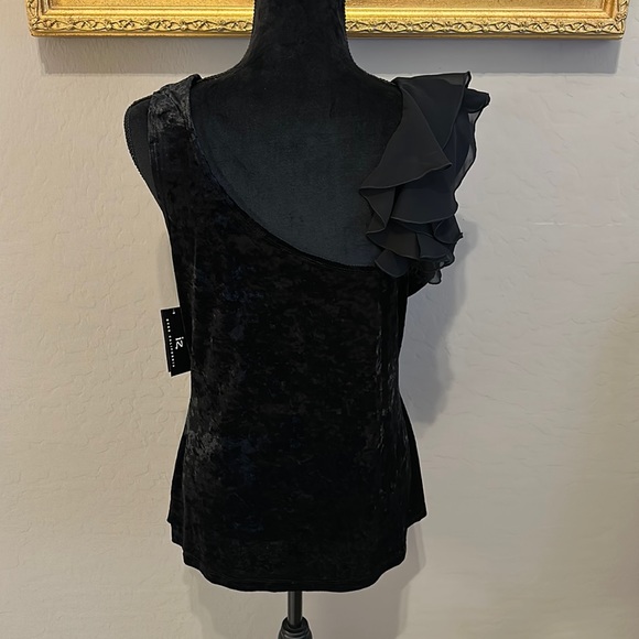 IZ Byer California Black Velvet & Organza Ruffle Gathered Asymmetrical Tank Y2K - Picture 2 of 8